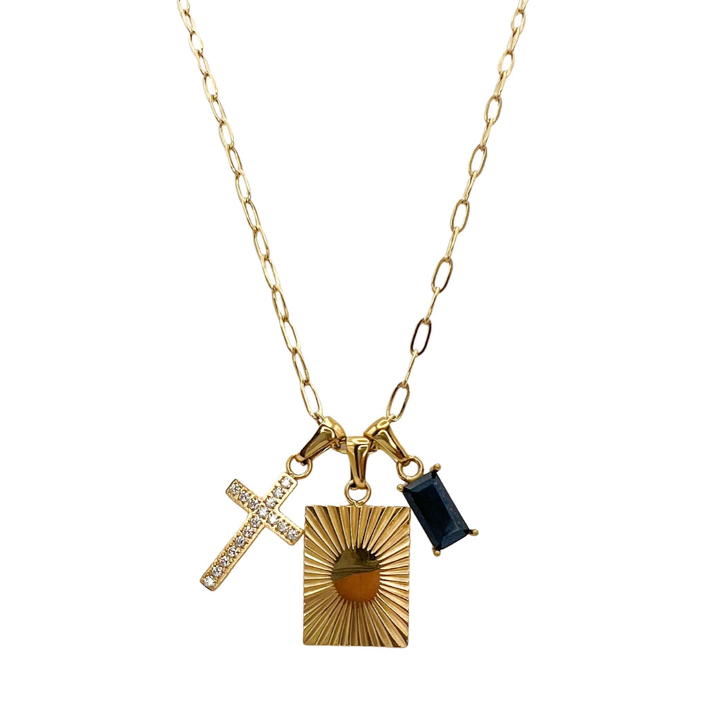 Vintage multi charm pendant necklace cross and onyx charms 18k gold plated