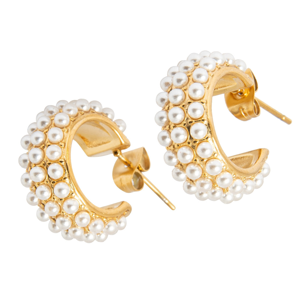 Small Pearl Huggie Hoop Earrings 18k Gold Plated Stainless Steel