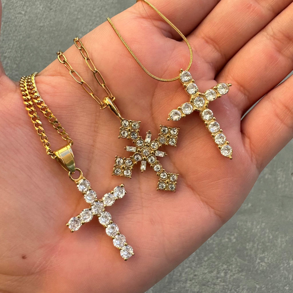 waterproof cross necklaces with zircon made of 18k gold plated stainless steel