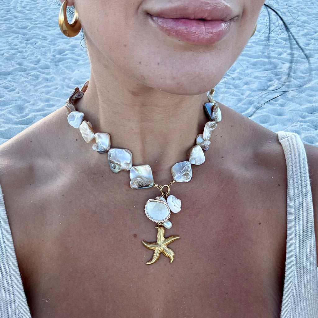 Waterproof 18k gold plated stainless steel shell necklace starfish seashell charms 