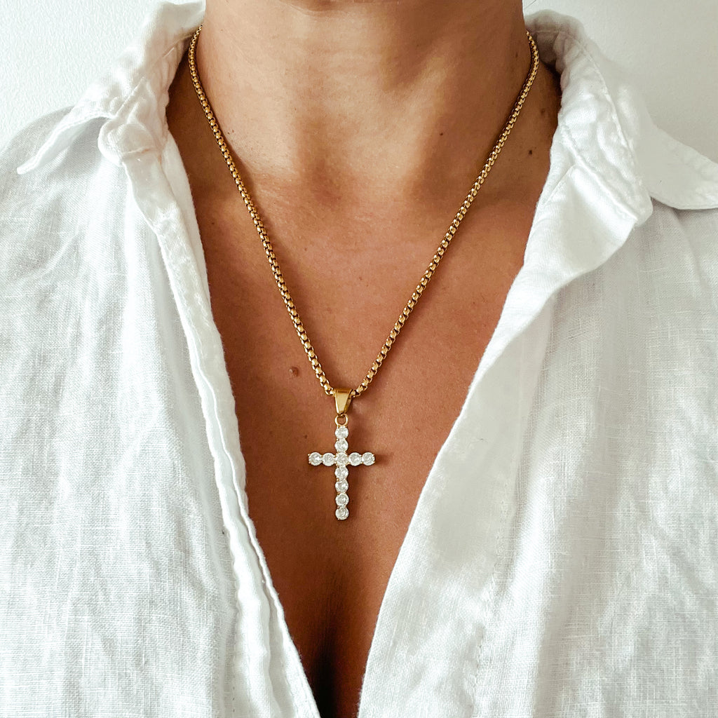 waterproof cubic zirconia cross pendant necklace 18k gold plated