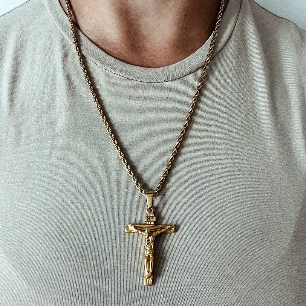 Crucifix cross pendant necklace 18k gold plated stainless steel waterproof