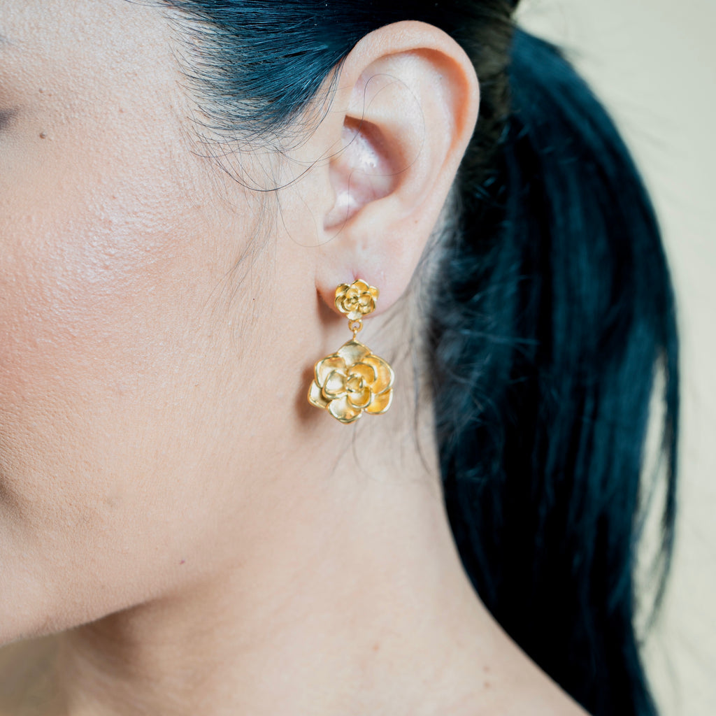 Rose flower pendant earrings 18k gold plated stainless steel waterproof