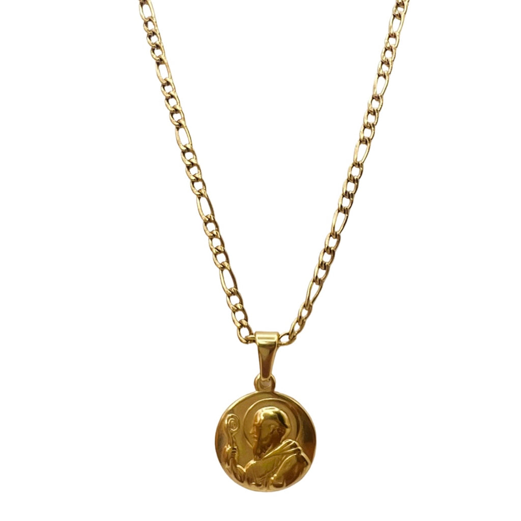 St. Benedict medal necklace with 3mm figaro chain in 18k gold plated 