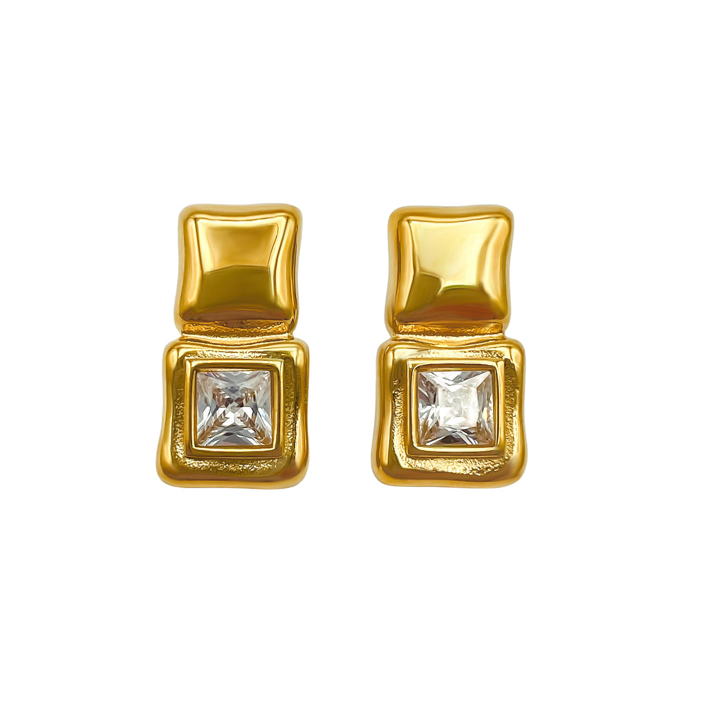 18k gold plated stainless steel square splice cubic zirconia earrings