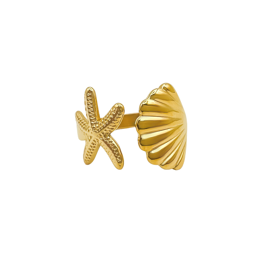 18k gold plated stainless steel starfish and shell ring waterproof