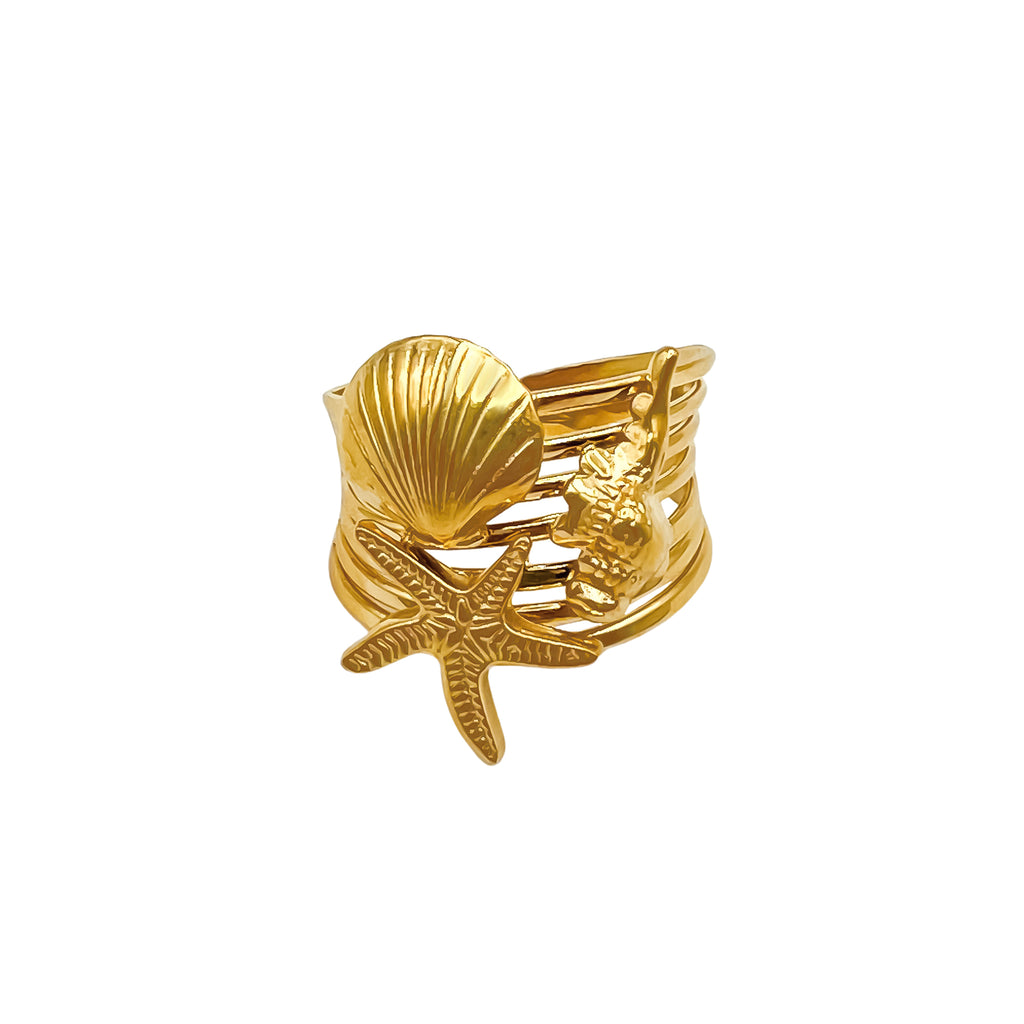 Starfish conch shell ring 18k gold plated stainless steel waterproof