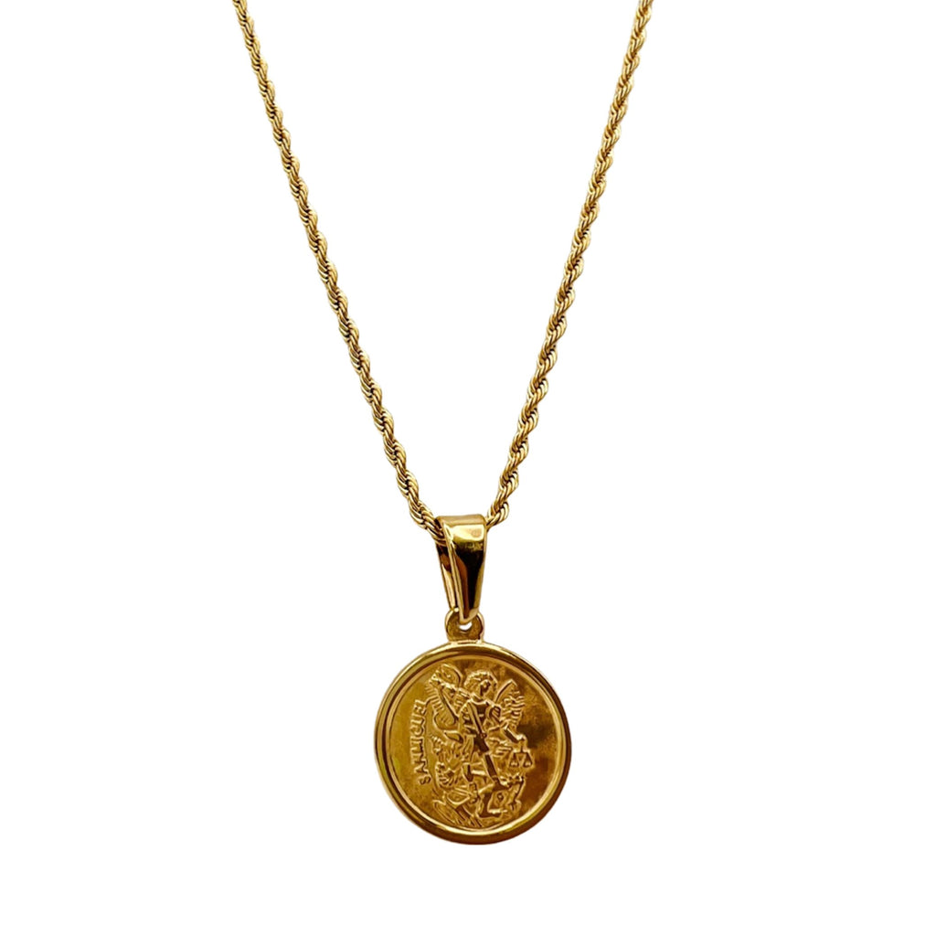 Saint Michael Archangel round medal necklace in 18k gold plated in a rope chain