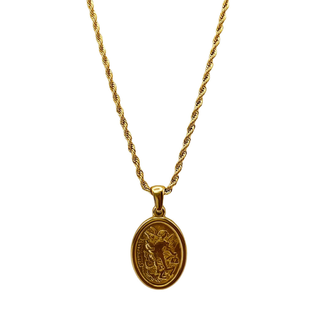 Saint Michael Archangel oval medal necklace in a 18-inch rope chain 18k gold plated