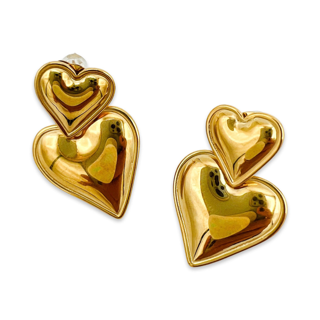 Double heart earrings old plated stainless steel hypoallergenic and waterproof